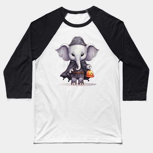 Cartoon African Elephant  in Dracula Costume Baseball T-Shirt by Chromatic Fusion Studio